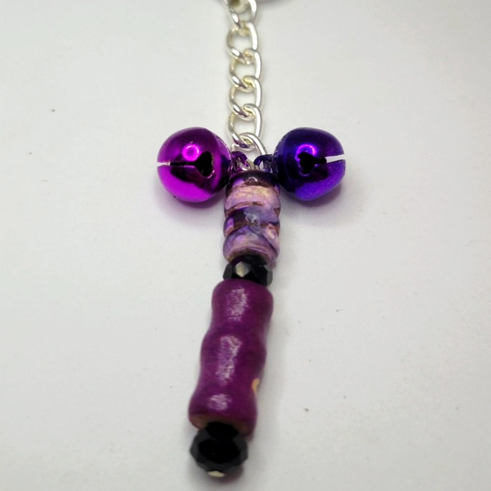 Purple Wood bead and Bells Keychain